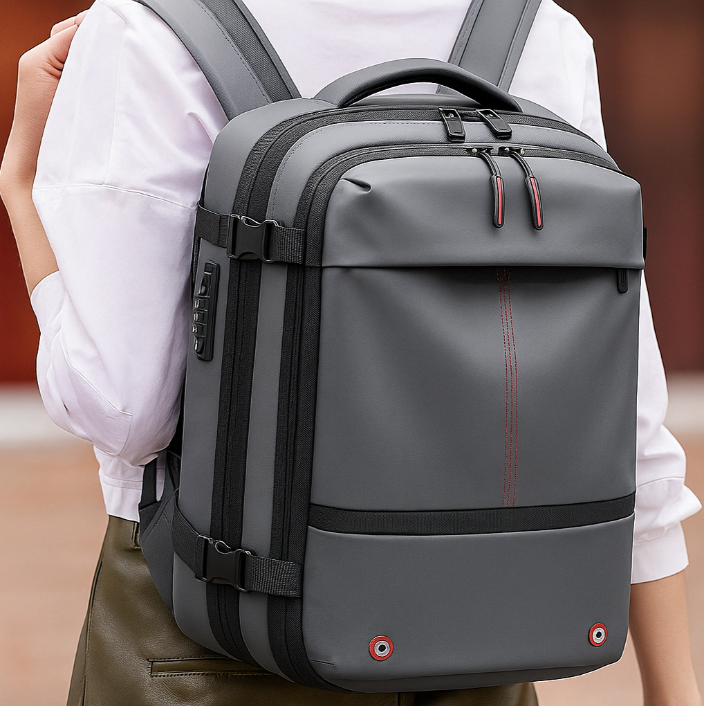 Person wearing a gray backpack with black straps and red accents.